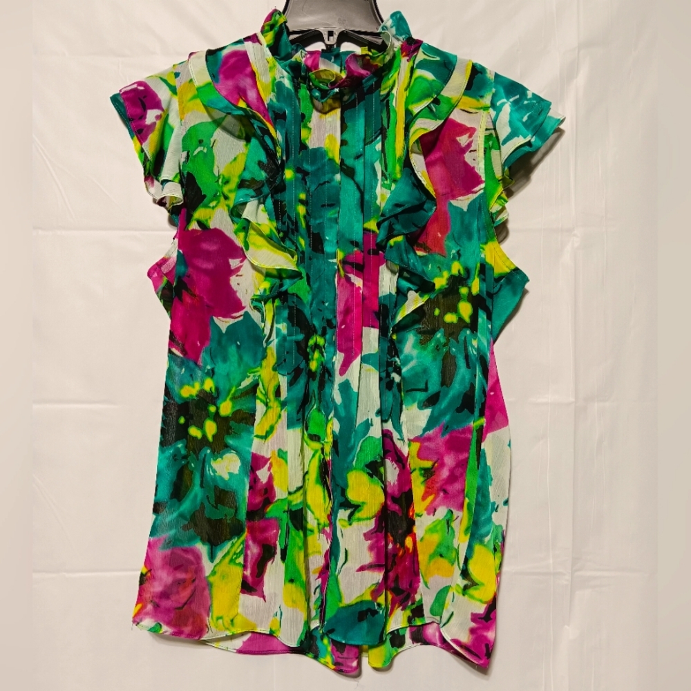 Anne Klein EUC Women's Floral Blouse, Large, Pleats, Ruffles, Sheer, High Neck